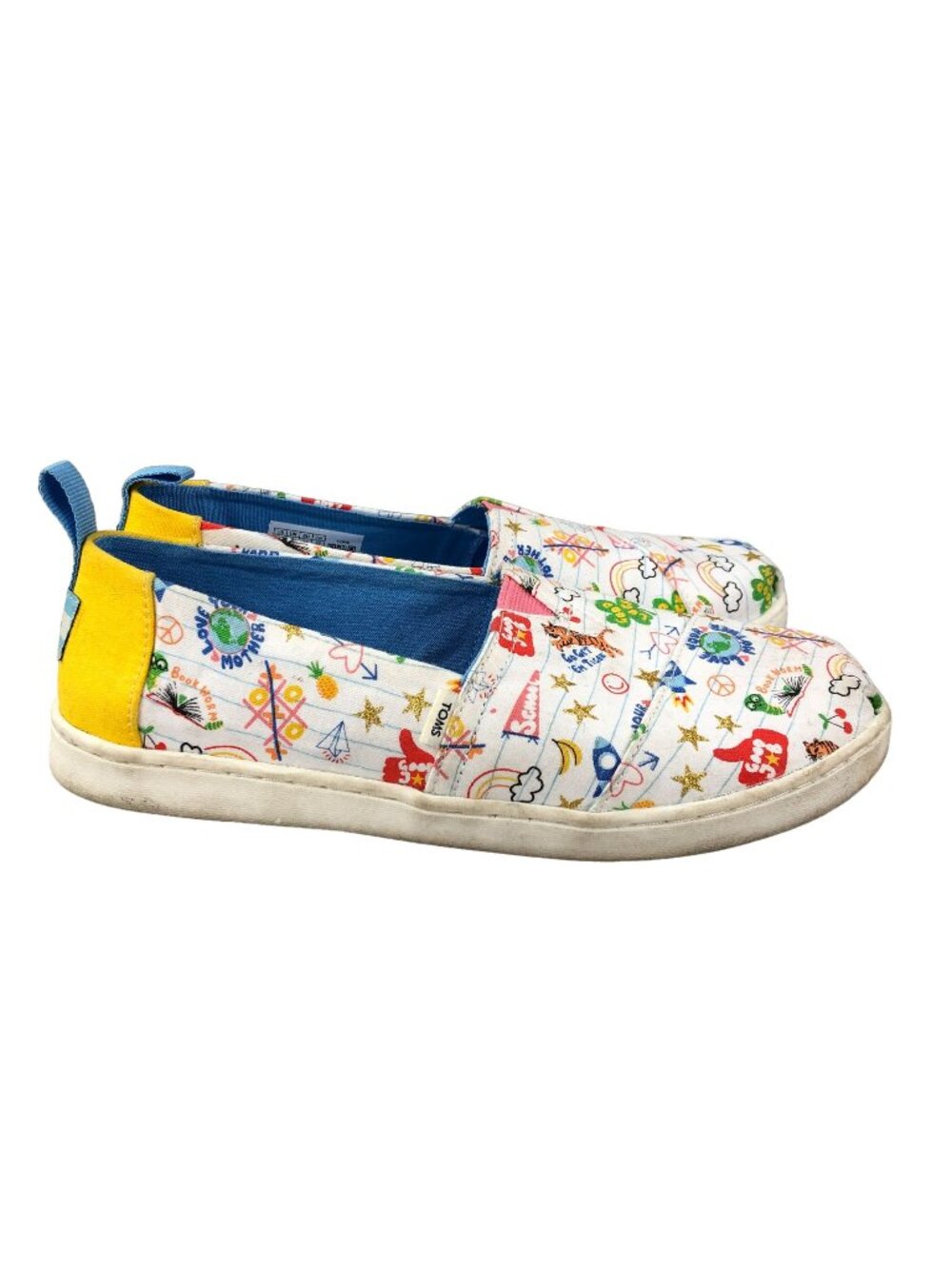Toms Youth Size 4 Alpargatas Notebook Doodles White Multi Slip On Low Top Shoes